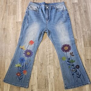 Floral Flare Blue Jeans Plus YKK Size 18
